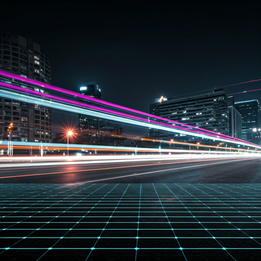 Cinematic long exposure of smart city traffic with magenta and cyan light trails and digital grid overlays
