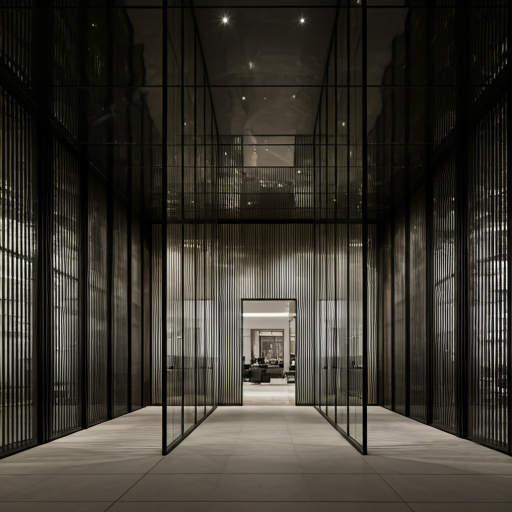 Luxury commercial retail interior with minimalist modern architecture, sharp glass lines, and sophisticated geometric lighting