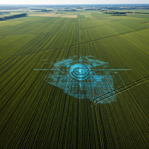 Aerial view of geometric crop fields with blue, green, and gold accents and digital intelligence overlays
