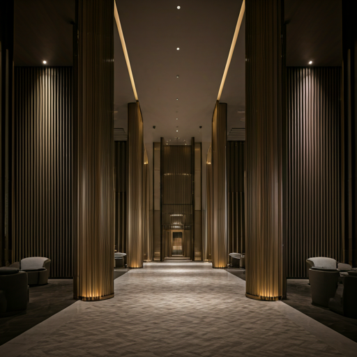 Elegant architectural interior of a luxury hotel lobby with refined lighting and subtle integrated AI sensors