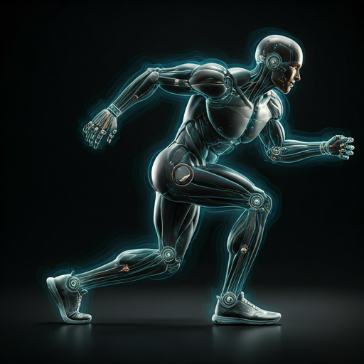 Dynamic athletic motion captured with robotic perception overlays and biomechanical tracking lines